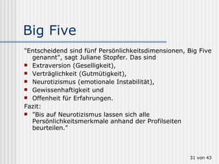 Big Five "Entscheidend sind fünf Persönlichkeitsdimensionen, Big Five genannt", sagt Juliane Stopfer. Das sind  Extraversion (Geselligkeit),  Verträglichkeit (Gutmütigkeit),  Neurotizismus (emotionale Instabilität), Gewissenhaftigkeit und  Offenheit für Erfahrungen.  Fazit:  "Bis auf Neurotizismus lassen sich alle Persönlichkeitsmerkmale anhand der Profilseiten beurteilen."  von 43 