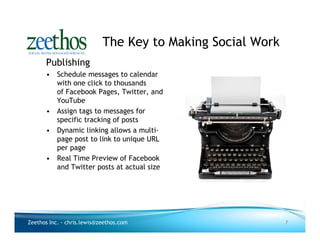 The Key to Making Social Work
      Publishing
      • Schedule messages to calendar
        with one click to thousands
        of Facebook Pages, Twitter, and
        YouTube
      • Assign tags to messages for
        specific tracking of posts
      • Dynamic linking allows a multi-
        page post to link to unique URL
        per page
      • Real Time Preview of Facebook
        and Twitter posts at actual size




Zeethos Inc. - chris.lewis@zeethos.com                      7
 