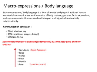 Macro-expressions / Body language
Macro-expression / Body language is a form of mental and physical ability of human
non-v...