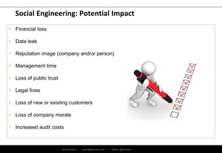 ramirocid.com ramiro@ramirocid.com Twitter: @ramirocid
Social Engineering: Potential Impact
• Financial loss
• Data leak
• Reputation image (company and/or person)
• Management time
• Loss of public trust
• Legal fines
• Loss of new or existing customers
• Loss of company morale
• Increased audit costs
 
