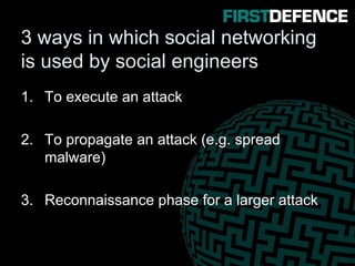 3 ways in which social networking
is used by social engineers
1. To execute an attack
2. To propagate an attack (e.g. spread
malware)
3. Reconnaissance phase for a larger attack
 