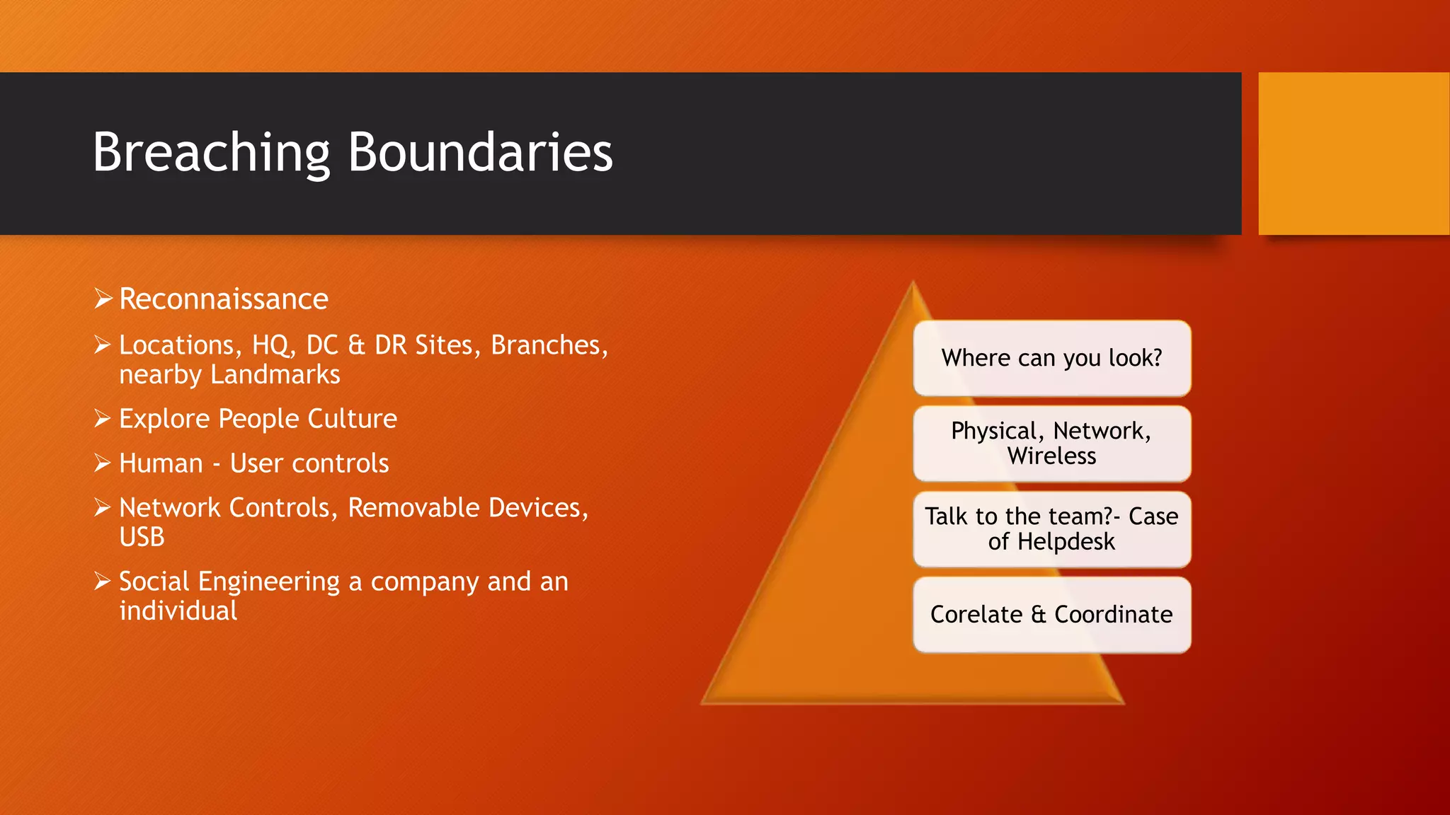 Breaching Boundaries
Reconnaissance
 Locations, HQ, DC & DR Sites, Branches,
nearby Landmarks
 Explore People Culture
 Human - User controls
 Network Controls, Removable Devices,
USB
 Social Engineering a company and an
individual
Where can you look?
Physical, Network,
Wireless
Talk to the team?- Case
of Helpdesk
Corelate & Coordinate
 