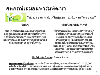 สหกรณ์เลมอนฟาร์มพัฒนา
                                    ่                ื
                     “สร ้างสุขภาพ สงเสริมชุมชน ร่วมสบสานวัฒนธรรม”

                ปัญหา                                วิธแก้ปญหาของกิจการ
                                                        ี   ั

                      ่
 ปั จจุบนคนไทยสวนใหญ่ยังเข ้าถึงอาหาร
          ั                                    ั              ื่
                                              ชกชวนและเชอมโยงเกษตรกรขนาดเล็ก
ปลอดสารพิษค่อนข ้างน ้อย ขณะทีอาหารที่
                                    ่          ให ้เปลียนวิถการผลิตจากเกษตรเคมีท ี่
                                                       ่    ี
                                  ่ ้
ผลิตขึนจากกระบวนการเกษตรทีใชสารเคมี
       ้                                         อันตรายต่อสุขภาพและสงแวดล ้อมสู่
                                                                            ิ่
                  ่
และยาฆ่าแมลงสงผลกระทบต่อสุขภาพของ                เกษตรอินทรีย ์ โดยสร ้างตลาดรองรับ
      ผู ้ผลิตและผู ้บริโภคมากขึนทุกวัน
                                ้                                        ื้
                                               ผลผลิตทีเกิดขึนและรับซอในราคาเป็ น
                                                         ่       ้
                                             ธรรม (Fair Trade) สนั บสนุนให ้ผู ้บริโภคมี
                                               สุขภาพดี โดยจัดอบรมธรรมชาติบาบัด
                                              เกษตรธรรมชาติ การบริหารจิตและกาย

                           ้ ่
                         พืนทีดาเนินกิจการ: มีสาขา 9 สาขา

                         ั            ี ิ                   ิ
    ผลตอบแทนด้านสงคม: ยกระดับชวตความเป็ นอยูของสมาชกสหกรณ์กว่า 28,000
                                                    ่
    ครัวเรือน โดยให ้การสนั บสนุนแบบครบวงจร ตังแต่การเผยแพร่องค์ความรู ้ สนั บสนุน
                                              ้
                                                 ื้
    ปั จจัยการผลิต สร ้างตลาดรองรับผลผลิต และรับซอในราคาทีเป็ นธรรม (Fair Trade)
                                                          ่
                                                                                           20
 