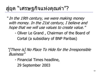 ่ ุ
สูยค “เศรษฐกิจแห่งคุณค่า”?
“ In the 19th century, we were making money
  with money. In the 21st century, I believe and
  hope that we will use values to create value.”
     - Oliver Le Grand , Chairman of the Board of
       Cortal (a subsidiary of BNP Paribas)

“[There is] No Place To Hide for the Irresponsible
 Business”
     - Financial Times headline,
       29 September 2003
                                                     54
 