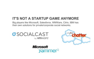 IT'S NOT A STARTUP GAME ANYMORE
Big players like Microsoft, Salesforce, WMWare, Citrix, IBM has
their own solutions for private/corporate social networks.
ig tTht
 