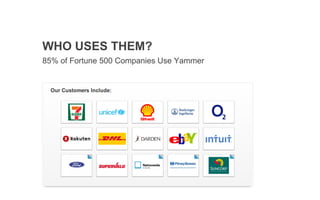 WHO USES THEM?
85% of Fortune 500 Companies Use Yammer
 