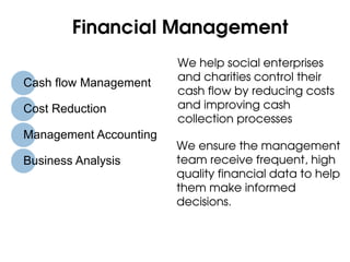 Financial Management
                        We help social enterprises
                        and charities control their
Cash flow Management
                        cash flow by reducing costs
Cost Reduction          and improving cash
                        collection processes
Management Accounting
                        We ensure the management
Business Analysis       team receive frequent, high
                        quality financial data to help
                        them make informed
                        decisions.
 