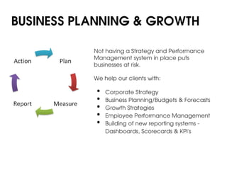 BUSINESS PLANNING & GROWTH

           Not having a Strategy and Performance
           Management system in place puts
           businesses at risk.

           We help our clients with:

            •   Corporate Strategy
            •   Business Planning/Budgets & Forecasts
            •   Growth Strategies
            •   Employee Performance Management
            •   Building of new reporting systems -
                Dashboards, Scorecards & KPI's
 