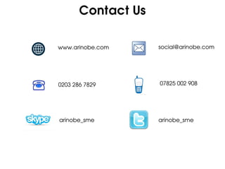 Contact Us


www.arinobe.com     social@arinobe.com




0203 286 7829       07825 002 908




arinobe_sme         arinobe_sme
 