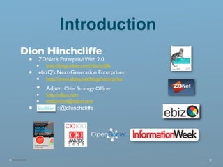 ® 2014 ADJUVI 2
Introduction
Dion Hinchcliffe
• ZDNet’s Enterprise Web 2.0
• http://blogs.zdnet.com/Hinchcliffe
• ebizQ’s ...