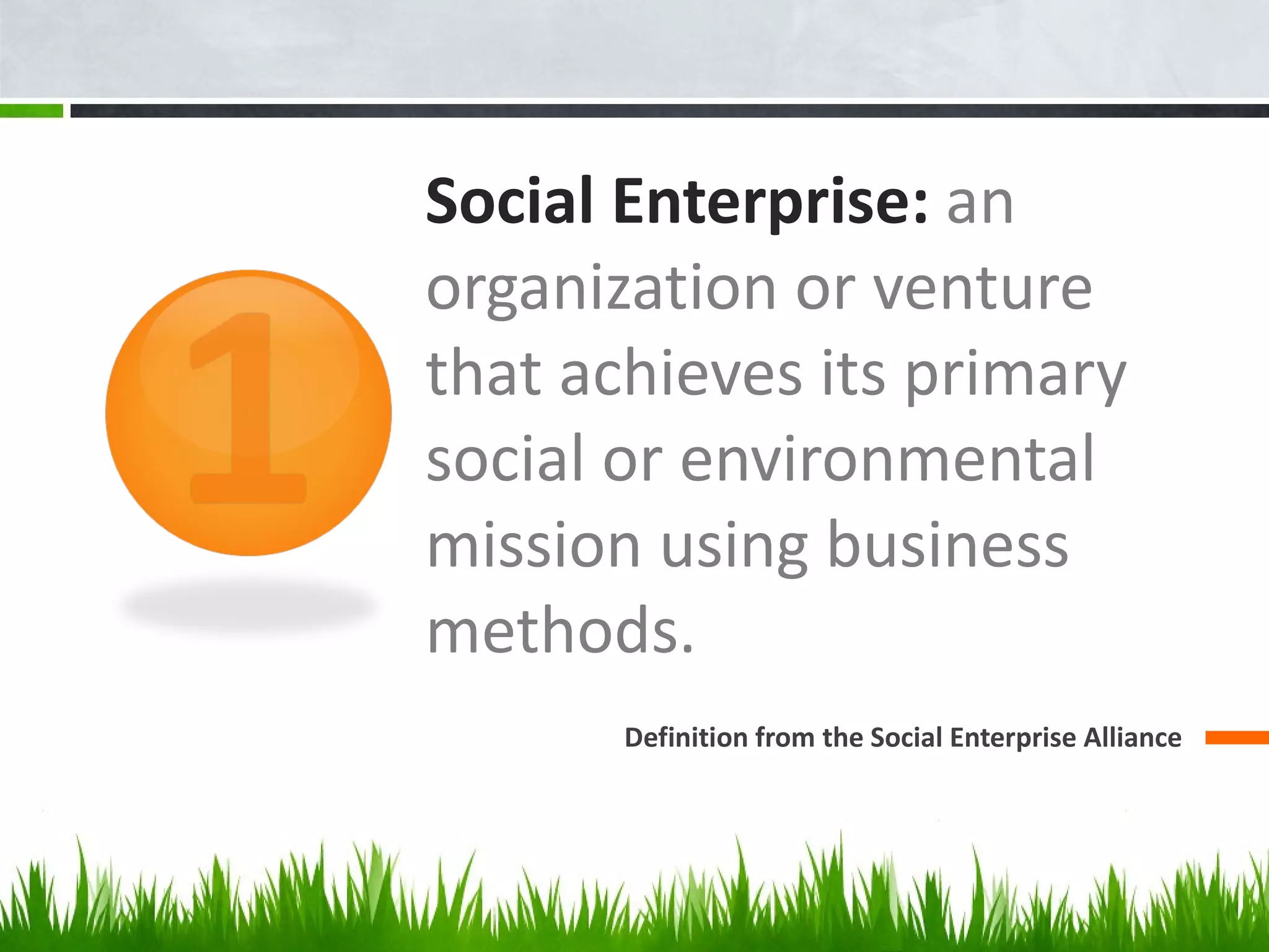 Social Enterprise:  an organization or venture that achieves its primary social or environmental mission using business methods. Definition from the Social Enterprise Alliance 