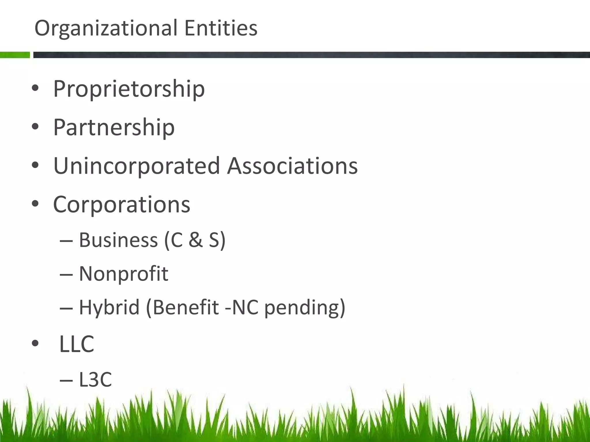 Organizational Entities Proprietorship Partnership Unincorporated Associations Corporations Business (C & S)  Nonprofit Hybrid (Benefit -NC pending) LLC L3C 