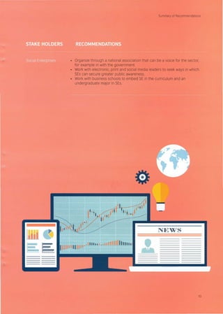 Summary of Recommendations
• Organize through a national association that can be a voice for the sector,
for example in with the government.
• Work with electronic, print and social media leaders to seek ways in which
SEs can secure greater public awareness.
• Work with business schools to embed SE in the curriculum and an
undergraduate major in SEs.
•••
NEWS
10
 