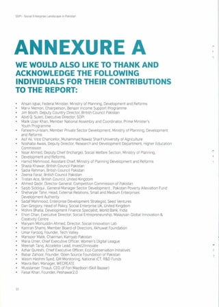 SDPI - Social Enterprise Landscape In Pakistan
ANNEXURE A
WE WOULD ALSO LIKE TO THANK AND
ACKNOWLEDGE THE FOLLOWING
INDIVIDUALS FOR THEIR CONTRIBUTIONS
TO THE REPORT:
Ahsan Iqbal, Federal Minister, Ministry of Planning, Development and Reforms
Marvi Memon, Chairperson, Benazir Income Support Programme
Jim Booth, Deputy Country Director, British Council Pakistan
Abid Q. Suleri, Executive Director, SDPI
Malik Uzair Khan, Member National Assembly and Coordinator, Prime Minister's
Youth Programme
Faheem-ul-Islam, Member Private Sector Development, Ministry of Planning, Development
and Reforms
Asif Ali, Vice Chancellor, Muhammad Nawaz Sharif University of Agriculture
Noshaba Awais, Deputy Director, Research and Development Department, Higher Education
Commission
Nisar Ahmed, Deputy Chief (Incharge), Social Welfare Section, Ministry of Planning,
Development and Reforms.
Hamid Mehmood, Assistant Chief, Ministry of Planning Development and Reforms
Shazia Khawar, British Council Pakistan
Sadia Rehman, British Council Pakistan
Zeenia Faraz, British Council Pakistan
Tristan Ace, British Council, United Kingdom
Ahmed Qadir, Director General, Competition Commission of Pakistan
Saqib Siddiqui, General Manager Sector Development, Pakistan Poverty Alleviation Fund
Sheharyar Tahir, Head, External Relations, Small and Medium Enterprises
Development Authority
Sadaf Mahmood, Enterprise Development Strategist, Seed Ventures
Dan Gregory, Head of Policy, Social Enterprise UK, United Kingdom
Mohini Bhatia, Development Finance Specialist, World Bank, India
Ehon Chan, Executive Director, Social Entrepreneurship, Malaysian Global Innovation &
Creativity Centre
Maryam Mohiuddin Ahmed, Director, Social Innovation Lab
Kamran Shams, Member Board of Directors, Akhuwat Foundation
Umar Farooq, Founder, Tech Valley
Mansoor Malik, Chairman, Kamyab Pakistan
Maria Umer, Chief Executive Officer, Women's Digital League
Meenah Tariq, Acceletor Lead, Invest21nnovate
Azhar Qureshi, Chief Executive Officer, Eco-Conservation Initiatives
Babar Zahoor, Founder, Open Source Foundation of Pakistan
Wasim Hashmi Syed, GM Monitoring, National ICT,R&D Funds
Mavra Bari, Manager, WECREATE
Musstanser Tinauli, CEO of Fori Mazdoori (Skill Bazaar)
Faisal Khan, Founder, Peshawar2.0
51
 