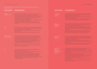 We also make further recommendations with regard to the following stakeholders to promote the
development of SEs.
SDPI - Social Enterprise Landscape in Pakistan Recommendations
07 08
Summary of Recommendations
Planning
Commission’s CSE
STAKE HOLDERS RECOMMENDATIONS
In line with Vision 2025, establish a competitive R&D fund for innovative
products and services, particularly in start-up and early-stage SEs
Convene a working group between government, ﬁnancial institutions and the
private sector that seek blended social and ﬁnancial returns on investments.
The group’s recommendations should feed into the SBP prudential
regulations proposed for SEs suggested above.
Convene an inter-provincial co-ordination group for subsidised infrastructure
support (e.g. land, building and ICT services)
The inclusion of SEs in public sector procurement competitions and
customised training programmes through organizations such as SMEDA
and PPAF.
•
•
•
•
Work with the Planning Commission’s CSE and the SE community to provide
a set of company rules that group together various organisation models and
business structures under which SEs operate.
Directives to the FBR and provincial revenue authorities regarding the tax
registration of SEs.
Measures to rationalise costs and minimise time of registration for SEs.
•
•
•
Work with the Planning Commission’s CSE to introduce SE-speciﬁc tax laws
and incentives to help build and grow SEs. SEs contributing to capacity
building or export receipts should be allowed sales tax rebates similar to
the terms awarded to other mainstream export-oriented sectors.
CSE should form a tax working group comprising representatives from the
FBR and provincial authorities to reduce the tax related transaction and
compliance costs and remove any double taxation.
A one-time customs duty exemption on any plant and machinery import
by SEs.
The provincial revenue authorities should consider a reduction in general
sales tax on services provided by SEs.
•
•
•
•
SECP
FBR and provincial
revenue authorities
SBP Develop a ﬁnancial framework including prudential regulations geared
towards meeting speciﬁc needs of SEs.
Work with the Planning Commission’s CSE to improve access to ﬁnance by
making microﬁnance laws more conducive for SEs.
Ensure a ﬁnancial marketplace that allows MFIs to offer tailored ﬁnancing
solutions to SEs. A minimum lending quota for SEs may be established.
Through appropriate amendment in banking regulations, encourage
mainstream ﬁnancial institutions to participate in innovative ﬁnancing models
and impact investing, including business angels, venture capital,
crowdfunding and PPPs
•
•
•
•
Competition
Commission of
Pakistan
STAKE HOLDERS RECOMMENDATIONS
Conduct a detailed regulatory impact assessment focusing on key barriers
that hinder the expansion of SEs, prevent them from exporting and stiﬂe
product sophistication and diversiﬁcation.
Regulation to remove unhealthy and anticompetitive behaviour that harms
producer and consumer welfare.
Give directions to relevant government institutions regarding harmonisation
of policy and regulatory regimes faced by SEs across the provinces.
•
•
•
Conduct a detailed study on how the export competitiveness of SEs can be
enhanced and on how SEs in other countries were enabled to grow and
become part of regional and global value chains
Develop and enhance market access for SEs, including their inclusion in
various trade-related facilitation measures and support services, such
as through the Strategic Trade Policy Framework, formulated by the Ministry
of Commerce.
Host foreign exhibitions showcasing products and services of SEs. The
Ministry of Commerce may access Export Development Fund to allow
subsidized rates to the interested SEs (for logistics and stall costs).
•
•
•
Create linkages between national and provincial youth programmes with SEs
to enhance employment potential of young people, particularly women.
Increase the size and number of grants for scalable SE initiatives that have
the potential to provide long term jobs.
Make detailed data of BISP beneﬁciaries open and available to SEs
and a pool for identifying innovative projects that can be funded to grow into
SEs themselves.
Identify areas where SEs can partner with BISP to offer solutions, such as
when introducing the Benazir Smart Card and Mobile Phone Banking.
•
•
•
•
Trade
Development
Authority of
Pakistan
Benazir Income
Support
Programme
Benazir Income
Support
Programme
British Council and
International
Partners
Provide support to the Planning Commission and provincial planning and
development departments to develop SE support systems
Provide support to social entrepreneurs and SEs to develop, grow and scale
through training, mentoring, consultancy and access to investment, through
PPAF and SMEDA.
British Council and public sector TVET institutions can also help in the design
and implementation training, and training of trainers.
Support social entrepreneurship to become embedded in the curricula and
ethos of higher education institutions—promote strategic research and
collaboration opportunities as well in schools.
Embed SE approaches in local civil society organisations, such as through
trainings to CSOs.
Persuade other multilateral and bilateral donors to streamline medium to
longer term support for SEs.
•
•
•
•
•
•
 
