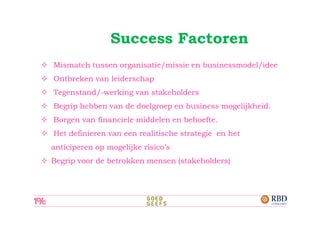 Success Factoren
Mismatch tussen organisatie/missie en businessmodel/idee
Ontbreken van leiderschap
Tegenstand/-werking van stakeholders
Begrip hebben van de doelgroep en business mogelijkheid.
Borgen van financiele middelen en behoefte.
Het definieren van een realitische strategie en het
anticiperen op mogelijke risico’s
Begrip voor de betrokken mensen (stakeholders)
 