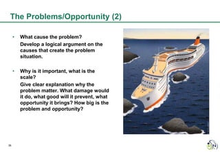 The Problems/Opportunity (2)

     •   What cause the problem?
         Develop a logical argument on the
         causes that create the problem
         situation.

     •   Why is it important, what is the
         scale?
         Give clear explanation why the
         problem matter. What damage would
         it do, what good will it prevent, what
         opportunity it brings? How big is the
         problem and opportunity?




36
 