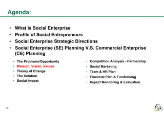 Agenda:

     •       What is Social Enterprise
     •       Profile of Social Entrepreneurs
     •       Social Enterprise Strategic Directions
     •       Social Enterprise (SE) Planning V.S. Commercial Enterprise
             (CE) Planning
         •   The Problems/Opportunity       • Competition Analysis - Partnership
         •   Mission, Vision, Values        • Social Marketing
         •   Theory of Change               • Team & HR Plan
         •   The Solution                   • Financial Plan & Fundraising
         •   Social Impact                  • Impact Monitoring & Evaluation




38
 