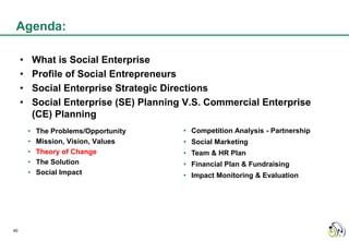 Agenda:

     •       What is Social Enterprise
     •       Profile of Social Entrepreneurs
     •       Social Enterprise Strategic Directions
     •       Social Enterprise (SE) Planning V.S. Commercial Enterprise
             (CE) Planning
         •   The Problems/Opportunity       • Competition Analysis - Partnership
         •   Mission, Vision, Values        • Social Marketing
         •   Theory of Change               • Team & HR Plan
         •   The Solution                   • Financial Plan & Fundraising
         •   Social Impact                  • Impact Monitoring & Evaluation




40
 