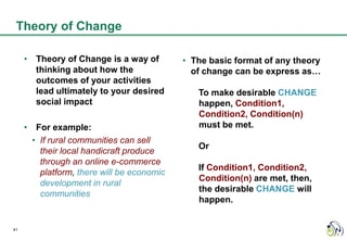 Theory of Change

     • Theory of Change is a way of         • The basic format of any theory
       thinking about how the                 of change can be express as…
       outcomes of your activities
       lead ultimately to your desired         To make desirable CHANGE
       social impact                           happen, Condition1,
                                               Condition2, Condition(n)
     • For example:                            must be met.
       • If rural communities can sell
                                               Or
         their local handicraft produce
         through an online e-commerce
                                               If Condition1, Condition2,
         platform, there will be economic
                                               Condition(n) are met, then,
         development in rural
                                               the desirable CHANGE will
         communities
                                               happen.


41
 