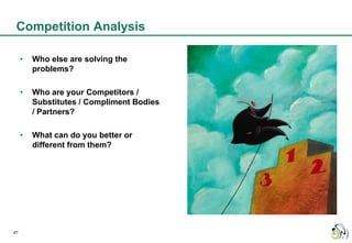 Competition Analysis

     •   Who else are solving the
         problems?

     •   Who are your Competitors /
         Substitutes / Compliment Bodies
         / Partners?

     •   What can do you better or
         different from them?




47
 