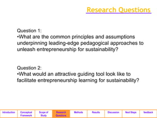Research Questions

               Question 1:
               •What are the common principles and assumptions
               underpinning leading-edge pedagogical approaches to
               unleash entrepreneurship for sustainability?


               Question 2:
               •What would an attractive guiding tool look like to
               facilitate entrepreneurship learning for sustainability?




Introduction    Conceptual   Scope of   Research    Methods    Results   Discussion   Next Steps   feedback
                Framework     Study     Questions
 