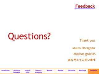 Feedback




         Questions?                                                                  Thank you

                                                                             Muito Obrigado
                                                                              Muchas gracias
                                                                       ありがとうございます


Introduction   Conceptual   Scope of   Research    Methods   Results   Discussion    Next Steps   Feedbacks
               Framework     Study     Questions
 