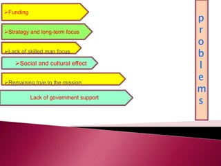 Funding
Strategy and long-term focus
Remaining true to the mission
Lack of skilled man focus
Lack of government support
Social and cultural effect
p
r
o
b
l
e
m
s
 