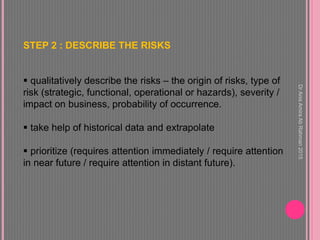 STEP 2 : DESCRIBE THE RISKS
 qualitatively describe the risks – the origin of risks, type of
risk (strategic, functional, operational or hazards), severity /
impact on business, probability of occurrence.
 take help of historical data and extrapolate
 prioritize (requires attention immediately / require attention
in near future / require attention in distant future).
DrAnisAmiraAbRahman2015
 