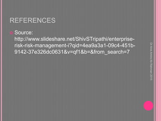 REFERENCES
 Source:
http://www.slideshare.net/ShivSTripathi/enterprise-
risk-risk-management-i?qid=4ea9a3a1-09c4-451b-
9142-37e326dc0631&v=qf1&b=&from_search=7
DrAnisAmiraAbRahman2015
 