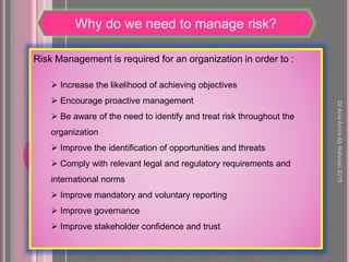 Why do we need to manage risk?
Risk Management is required for an organization in order to :
 Increase the likelihood of achieving objectives
 Encourage proactive management
 Be aware of the need to identify and treat risk throughout the
organization
 Improve the identification of opportunities and threats
 Comply with relevant legal and regulatory requirements and
international norms
 Improve mandatory and voluntary reporting
 Improve governance
 Improve stakeholder confidence and trust
DrAnisAmiraAbRahman2015
 