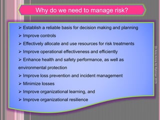 Why do we need to manage risk?
 Establish a reliable basis for decision making and planning
 Improve controls
 Effectively allocate and use resources for risk treatments
 Improve operational effectiveness and efficiently
 Enhance health and safety performance, as well as
environmental protection
 Improve loss prevention and incident management
 Minimize losses
 Improve organizational learning, and
 Improve organizational resilience
DrAnisAmiraAbRahman2015
 