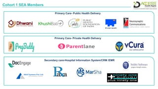 Cohort 1 SEA Members
Primary Care- Public Health Delivery
Primary Care- Private Health Delivery
Secondary care-Hospital Information System/CRM /EMR
 
