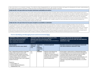 roles as bus drivers or car companies’ managers. The collection of data disaggregated by sex, age and place of residence will support the development of a better understanding of
the mobility gap and gender inequalities, to adapt the project accordingly and ensure that gender equality is improved.
Briefly describe in the space below how the project mainstreams sustainability and resilience
The project will reduce GHG emissions as well as other vehicle emissions that deteriorate urban air quality. Electric vehicles increase the resilience of the transport sector by (1)
providing an alternative to fuel dependence and (2) by associating EVs to distributed generation of renewable energy (solar panels in the bus depot in Jbeil).By creating a favorable
institutional and regulatory framework for sustainable mobility and promoting innovative transport management practices (including EV deployment), the project will contribute
to point 112 of the GEF-7 Programming Directions to accelerate “the speed and scale of sustainable energy investment in developing countries” and to point 113, developing
“innovative business models that go beyond business as usual”. In addition, the project’s demonstrations are expected to accelerate the transition to low-emission urban mobility.
The current poor quality of sustainable transport modes in Lebanese cities- electrified or not- is unable to attract car users and needs to be improved with the guidance of
consistent quality roadmaps associating public transport and soft modes.
Briefly describe in the space below how the project strengthens accountability to stakeholders
Through adoption of the national e-mobility strategy, the Project will improve governance (participation, transparency and accountability) providing a clear vision for all
stakeholders. It will also improve stakeholder participation in policy design (through the preparation of the national e-mobility strategy). The co-design of pilots in Jbeil will
facilitate the participation of residents and local businesses. Project monitoring and evaluation provides enhanced information on the urban transport sector, which can empower
stakeholders in their relations with the government, based on more factual evidence. The project will strengthen the networking of stakeholders interested in e-mobility, so that
they can better keep the government accountable on its decisions in this field. The project will also empower bus operators, giving them access to technologies (e-buses) and to
innovative management processes (green public transport certificate), strengthening their capacities to lobby and keep the national government accountable.
Part B. Identifying and Managing Social and Environmental Risks
QUESTION 2: What are the Potential
Social and Environmental Risks?
Note: Complete SESP Attachment 1
before responding to Question 2.
QUESTION 3: What is the level of significance of the
potential social and environmental risks?
Note: Respond to Questions 4 and 5below before proceeding to
Question 5
QUESTION 6: Describe the assessment and
management measures for each risk rated Moderate,
Substantial or High
Risk Description
(broken down by event, cause, impact)
Impact and
Likelihood
(1-5)
Significance
(Low,
Moderate
Substantial,
High)
Comments (optional) Description of assessment and management measures for
risks rated as Moderate, Substantial or High
Risk 1: Marginalized populations (especially
people living in poverty, persons with
disabilities and older people) and women
are not involved in decision making on the E-
mobility strategy and ELV roadmap for
issues that may affect them, such as disposal
location of the ELVs
Related to:
• Human Rights; P.5
• Gender Equality and Women’s
Empowerment; P.10
I=3
L=3
Moderate Selection of the disposal site
might be made on land
inhabited or used by a group of
people who were not consulted
and lead to their economic or
physical displacement.
As this project is rated overall as a Substantial Risk project,
and according to the Environmental and Social Management
Framework (ESMF) that was prepared during the project
preparation phase (ProDoc Annex 10), a Strategic
Environmental and Social Assessment (SESA) (Activities 1.2.5
and 1.3.2) for the e-mobility strategy (Activity 1.2.4) and
roadmap on end-of-life management (Activity 1.3.1) will be
prepared.
 