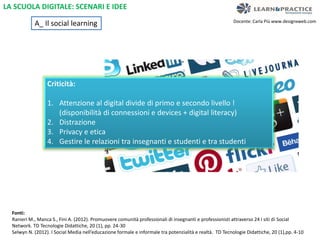 LA SCUOLA DIGITALE: SCENARI E IDEE 
A_ Il social learning 
Criticità: 
Docente: Carla Più www.designxweb.com 
1. Attenzione al digital divide di primo e secondo livello ! 
(disponibilità di connessioni e devices + digital literacy) 
2. Distrazione 
3. Privacy e etica 
4. Gestire le relazioni tra insegnanti e studenti e tra studenti 
Fonti: 
Ranieri M., Manca S., Fini A. (2012). Promuovere comunità professionali di insegnanti e professionisti attraverso 24 i siti di Social 
Network. TD Tecnologie Didattiche, 20 (1), pp. 24-30 
Selwyn N. (2012). I Social Media nell’educazione formale e informale tra potenzialità e realtà. TD Tecnologie Didattiche, 20 (1),pp. 4-10 
 