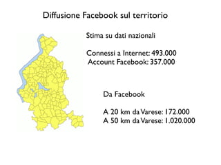 Diffusione Facebook sul territorio
Stima su dati nazionali
Connessi a Internet: 493.000
Account Facebook: 357.000
Da Facebook
A 20 km daVarese: 172.000
A 50 km daVarese: 1.020.000
 