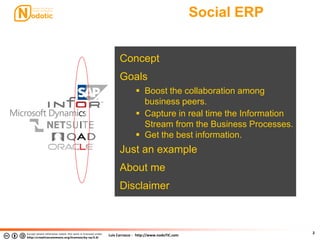 Luis Carrasco - http://www.nodoTIC.com
Social ERP
2
Concept
Goals
 Boost the collaboration among
business peers.
 Capture in real time the Information
Stream from the Business Processes.
 Get the best information.
Just an example
About me
Disclaimer
 