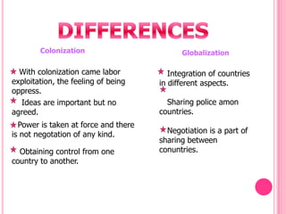 DIFFERENCES ColonizationGlobalization With colonization came labor exploitation, the feeling of being oppress.Integration of countries in differentaspects.Sharingpoliceamoncountries.Negotiationis a part of sharingbetweenconuntries.Ideas are importantbut no agreed.Poweristaken at force and thereisnotnegotation of anykind.Obtaining control fromone country toanother.