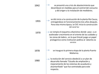 1942 se presentó una crisis de abastecimiento que desembocó en medidas para el control del consumo y dió origen a la instalación de medidores.  1955 se dió inicio a la construcción de la planta Río Cauca, entregándose en funcionamiento tres años después. Para esta misma época, la CVC inicia la construcción  del canal Sur 1970 se rompio el esquema urbanistico donde  paso  a un acelerador crecimiento en el oriente de las cuidades y las zonas de ladera , en la que Emcali juego un papel protagonico como institucion poblica al  datarlos  de servicio se inaugura la primera etapa de la planta Puerto Mallarino. 1978 la evolución del servicio obedeció a un plan de desarrollo llamado "Estudio de ampliación y mejoramiento de los sistemas de acueducto y alcantarillado" que fue contratado para este respecto.  1980 