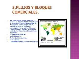 Son intercambios comerciales que produce un movimiento entre vendedores y  compradores. Estos flujos pueden ser de: materias primas, de productos manufacturados, de capitales... Muchos países se agrupan en bloques comerciales para eliminar rivalidades y controlar los flujos. Estos bloques tienen en común: La proximidad espacial. Unión aduanera. Redistribución industrial. Frente común. Complementariedad y unión de esfuerzos. 