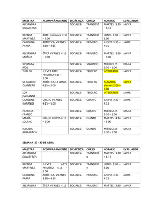 MAESTRA ACOMPAÑAMIENTO DIDÁCTICA CURSO HORARIO EVALUADOR
ALEJANDRA
GUALTEROS
SOCIALES TRANSICIÓ
N
MARTES 3:30
– 4:15
JAVIER
BRENDA
MARTÍNEZ
ARTE miércoles 3:30
– 5:00
SOCIALES TRANSICIÓ
N
LUNES 3:30 –
5:00
JAVIER
CAROLINA
PARRA
ARTÍSTICA VIERNES
3:30 – 4:15
SOCIALES PRIMERO JUEVES 3:30 –
4:15
JAIME
ALEJANDRA
MUÑOZ
ÉTICA VIERNES 4:15
– 5:00
SOCIALES PRIMERO MARTES 3:30
– 5:00
JAVIER
XIOMARA
RÍOS
SOCIALES SEGUNDO MIÉRCOLES
3:30 – 5:00
DIANA
YURI GIL JUEVES ARTE
PRIMERO 4:15 –
5:00
SOCIALES TERCERO INTEGRADO JAVIER
GERALDINE
QUINTERO
ARTÍSTICA 1B LUNES
4:15 – 5:00
SOCIALES TERCERO ALAMEDA
Viernes 2:00 –
3:00
JAVIER
SOR
DAHIANNA
SOCIALES TERCERO INTEGRADO JAIME
CAROLINE
NARANJO
DIBUJO VIERNES
4:15 – 5:00
SOCIALES CUARTO JUEVES 3:30 –
4:15
JAIME
PATRICIA
FRANCO
SOCIALES CUARTO MIÉRCOLES
3:30 – 5:00
DIANA
MARÍA
SOLANO
DIBUJO JUEVES 4:15
– 5:00
SOCIALES QUINTO MARTES 4:14
– 5:00
JAVIER
NATALIA
ALBARRACIN
SOCIALES QUINTO MIÉRCOLES
3:30 – 5:00
DIANA
SEMANA 27 - 30 DE ABRIL
MAESTRA ACOMPAÑAMIENTO DIDÁCTICA CURSO HORARIO EVALUADOR
ALEJANDRA
GUALTEROS
SOCIALES TRANSICIÓ
N
MARTES 3:30
– 4:15
JAVIER
BRENDA
MARTÍNEZ
JUEVES ARTE
PRIMERO 4:15 –
5:00
SOCIALES TRANSICIÓ
N
LUNES 3:30 –
5:00
JAVIER
CAROLINA
PARRA
ARTÍSTICA VIERNES
3:30 – 4:15
SOCIALES PRIMERO JUEVES 3:30 –
4:15
JAIME
ALEJANDRA ÉTICA VIERNES 4:15 SOCIALES PRIMERO MARTES 3:30 JAVIER
 