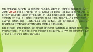 Sin embargo durante la cumbre mundial sobre el cambio climático 2017-
2018 COP23 que se realizo en la cuidad de Bonn, los países aprobaron el
primer acuerdo sobre agricultura en una negociación con el clima. Esto
consiste en que los países recibirán apoyo para desarrollar e implementar
nuevas estrategias sectoriales para reducir las emisiones y construir
resiliencia frente a los efectos del cambio climáticos.
Los efectos ambientales del sector primario también se dejan sentir con
mucha fuerza en campos como industria pesquera, la FAO ha advertido que
el 85% del mundo están agotadas.
 