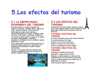 5.Los efectos del turismo 5.1 LA IMPORTANCIA ECONÓMICA DEL TURISMO El turismo genera la creación y expansión de empresas y servicios: compañías aéreas, agencias de viajes, cadenas hoteleras, constructoras etc. Estas empresas proporcionan numerosos y diversificados puestos de trabajo: camareros, guías turísticos, comerciantes, socorristas, albañiles etc. Los turistas se suelen gastar su dinero en los lugares de destino: desplazamiento, alojamiento, manutención, actividades de ocio y diversión…dejando beneficios en le país. En los países pobres el sector turístico suel estar en manos de grandes empresas tour operadoras y de transportes internacionales con sede en países desarrollados. Así pues, en los países pobres los beneficios del turismo se contabilizan en el país de origen de las grandes compañías turísticas. 5.2 LOS EFECTOS DEL TURISMO El desarrollo del turismo implica numerosos cambios para el país receptor aunque no son los mismos en los países desarrollados que en los países en vías de desarrollo FACTORES POSITIVOS DEL TURISMO El turismo representa para un país ingresos elevados Crea muchos puestos de trabajo  Dinamiza otros sectores económicos Permite el contacto con otras culturas Facilita el aprendizaje de nuevas lenguas FACTORES NEGATIVOS DEL TURISMO Contribuye al aumento de los precios Incrementa la especulación del suelo Enriquece a grandes empresas y muchos de los trabajadores que crea son de poca cualificación Tiene un carácter estacional que origina paro en temporadas no turísticas Provoca grandes impactos ambientales  