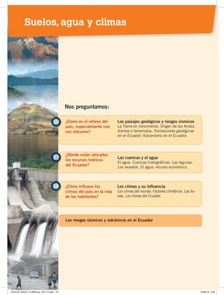 ¿Cómo es el relieve del
país, especialmente con
sus volcanes?
26 Los paisajes geológicos y riesgos sísmicos
La Tierra en movimiento. Origen de los Andes.
Sismos y terremotos. Formaciones geológicas
en el Ecuador. Vulcanismo en el Ecuador.
¿Dónde están ubicados
los recursos hídricos
del Ecuador?
27 Las cuencas y el agua
El agua. Cuencas hidrográficas. Las lagunas.
Los nevados. El agua: recurso económico.
Nos preguntamos:
¿Cómo influyen los
climas del país en la vida
de los habitantes?
28 Los climas y su influencia
Los climas del mundo. Factores climáticos. Las llu-
vias. Los climas del Ecuador.
Los riesgos sísmicos y volcánicos en el Ecuador
Suelos, agua y climas
SUELOS, AGUA Y CLIMAS;pp. 102-112.indd 101 05/06/18 8:36
 