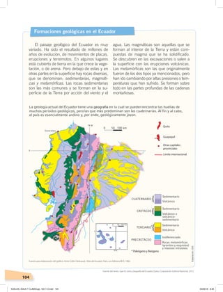 104
Formaciones geológicas en el Ecuador
El paisaje geológico del Ecuador es muy
variado. Ha sido el resultado de millones de
años de evolución, de movimientos de placas,
erupciones y terremotos. En algunos lugares
está cubierto de tierra en la que crece la vege-
tación, o de arena. Pero debajo de estas y en
otras partes en la superficie hay rocas diversas,
que se denominan: sedimentarias, magmáti-
cas y metamórficas. Las rocas sedimentarias
son las más comunes y se forman en la su-
perficie de la Tierra por acción del viento y el
agua. Las magmáticas son aquellas que se
forman al interior de la Tierra y están com-
puestas de magma que se ha solidificado.
Se descubren en las excavaciones o salen a
la superficie con las erupciones volcánicas.
Las metamórficas son las que originalmente
fueron de los dos tipos ya mencionados, pero
han ido cambiando por altas presiones o tem-
peraturas que han sufrido. Se forman sobre
todo en las partes profundas de las cadenas
montañosas.
* Paleógeno y Neógeno
Otras capitales
provinciales
Quito
Guayaquil
Límite internacional
Fuente del texto: Juan B. León, Geografía del Ecuador, Quito, Corporación Editora Nacional, 2015.
Elaboración:CEN
Fuente para elaboración del gráﬁco: Anne Collin Delevaud, Atlas del Ecuador, Paris, Les Editions/BCE, 1982.
SUELOS, AGUA Y CLIMAS;pp. 102-112.indd 104 05/06/18 8:36
 