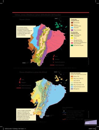 111
Las corrientes marinas,
particularmente la fría de
Humboldt,y el relieve andino son
los determinantes en el clima
ecuatoriano,de valores más o
menos constantes.
¿Cómo se explica la diversidad
vegetal en el Ecuador? Una
respuesta a esta pregunta se
obtiene estableciendo cinco tipos
altitudinales,siete zonas de
humedad y lo que resulta de
combinar ambos factores.
Nueve climas
Zonas climáticas y pisos de altitud
Quito
Guayaquil
Capitales de provincia
Quito
Guayaquil
Capitales de provincia
Límite internacional
Límite internacional
Climas, zonas climáticas y pisos altitudinales del Ecuador
Elaboración:CENElaboración:CEN
SUELOS, AGUA Y CLIMAS;pp. 102-112.indd 111 05/06/18 8:36
 