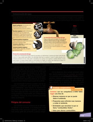 119
ciados por él. Pero también podemos modificarlo
y echarlo a perder.
Con el desarrollo de la actual sociedad indus-
trial, donde predominan las ciudades, se intensifi-
có la explotación de combustibles fósiles (carbón,
petróleo, metales), que no pueden reemplazarse y
tarde o temprano se acaban. Se usa y abusa del
agua potable, de la electricidad, en buena parte
producida con derivados del petróleo. Se consu-
Los recursos naturales no son ilimitados. Si los
explotamos, algún día se acaban. Y la naturale-
za no siempre puede reponerse de los daños que
le causamos. El agua es escasa y si se usa mal,
puede llegar a faltar. Llegará un momento en que
ya no haya petróleo. Si seguimos arrojando basu-
ra, especialmente desechos plásticos en la tierra,
cada vez habrá menos espacio para los cultivos.
Las sociedades humanas pueden usar la na-
turaleza y modificarla para desarrollar su vida,
para alimentarse, para mejorar la movilización,
para iluminar los espacios en que se desenvuel-
ven. Pero cada vez está muy claro que si ese uso
no es prudente y responsable, las consecuencias
son fatales. Porque los seres humanos podemos
dañar al ambiente.
Peligros del consumo
Los cambios que se producen en la naturale-
za afectan a la sociedad, a la producción, a las
relaciones entre personas y grupos. Los huma-
nos somos parte del ambiente y somos influen-
Conversa con tus compañeros y entre todos
hagan una lista de:
• Diversas maneras en que se puede
dañar el ambiente.
• Propuestas para enfrentar esas maneras
y cuidar el ambiente.
• Actividades que necesitan lo que se
llama “combustibles fósiles”.
• Ideas para ahorrar combustibles.
El agua está presente en gran parte de las actividades diarias del ser humano, pero pese a la gran cantidad de líquido que tiene el país, el recurso no puede ser
utilizado directamente para el consumo humano ni para usos industriales, dado que el agua no es lo suﬁcientemente pura ni biológica ni químicamente. Por
efectos de la contaminación producida por una educación depredadora de la especie humana, los habitantes corremos el riesgo de sufrir una catástrofe irreversible.
Desechos orgánicos pueden ser descompues-
tos por bacterias que usan oxígeno para
biodegradarlos. Si hay poblaciones grandes de
estas bacterias, pueden agotar el oxígeno del
agua, matando así las formas de vida acuáticas.
Sustancias químicas inorgánicas
Ácidos, compuestos de metales tóxicos (mercurio,
plomo) que envenenan el agua.
Sustancias radiactivas que pueden causar
defectos congénitos y cáncer.
Sustancias químicas orgánicas
Petróleo, plásticos, plaguicidas, detergentes
que amenazan la vida.
Agentes patógenos como bacterias, virus,
protozoarios, parásitos que entran
al agua provenientes de desechos orgánicos.
Efectos de la contaminación del agua
Los efectos de la contaminación del agua incluyen los que afectan a la salud humana. La presencia de nitratos (sales del ácido
nítrico) en el agua potable puede producir una enfermedad infantil que en ocasiones es mortal. El cadmio, presente en los
fertilizantes derivados del cieno o lodo, puede ser absorbido por las cosechas; de ser ingerido en cantidad suﬁciente, el metal
puede producir un trastorno diarreico agudo, así como lesiones en el hígado y los riñones. Hace tiempo que se conoce o se
sospecha de la peligrosidad de sustancias inorgánicas, como el mercurio, el arsénico y el plomo.
Problemas asociados a la contaminación del agua
Los retos éticos de la nueva cultura del agua
Alerta
Elaguaeselalmaazuldeesteplaneta.Porello,lucharpor
recuperarlasaluddenuestrosríos,lagosyhumedaleses
lucharporlasaludylavidadelospueblosquelohabitamos.
Actualmente se estiman que miles de personas en Ecuador no
tienen garantizado el acceso a agua potable; y como
consecuencia de ello, la salud de la población, en su mayoría
niños, está afectada.
Varios
productos
de nuestro
consumo diario
son regados con
aguas
contaminadas.
Contaminación del agua
Fuente: Hortencia Bustos L., Manual de Educación Ambiental, Quito, Corporación Editora Nacional, 2008.
Elaboración:CEN
Trabajo cooperativo
Razonamiento
CONVIVIR CON LA TIERRA; pp. 118-129.indd 119 05/06/18 8:41
 