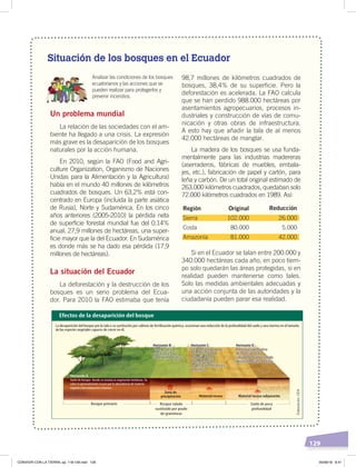 129
Situación de los bosques en el Ecuador
Analizar las condiciones de los bosques
ecuatorianos y las acciones que se
pueden realizar para protegerlos y
prevenir incendios.
Un problema mundial
La relación de las sociedades con el am-
biente ha llegado a una crisis. La expresión
más grave es la desaparición de los bosques
naturales por la acción humana.
En 2010, según la FAO (Food and Agri-
culture Organization, Organismo de Naciones
Unidas para la Alimentación y la Agricultura)
había en el mundo 40 millones de kilómetros
cuadrados de bosques. Un 63,2% está con-
centrado en Europa (incluida la parte asiática
de Rusia), Norte y Sudamérica. En los cinco
años anteriores (2005-2010) la pérdida neta
de superficie forestal mundial fue del 0,14%
anual, 27,9 millones de hectáreas, una super-
ficie mayor que la del Ecuador. En Sudamérica
es donde más se ha dado esa pérdida (17,9
millones de hectáreas).
La situación del Ecuador
La deforestación y la destrucción de los
bosques es un serio problema del Ecua-
dor. Para 2010 la FAO estimaba que tenía
98,7 millones de kilómetros cuadrados de
bosques, 38,4% de su superficie. Pero la
deforestación es acelerada. La FAO calcula
que se han perdido 988.000 hectáreas por
asentamientos agropecuarios, procesos in-
dustriales y construcción de vías de comu-
nicación y otras obras de infraestructura.
A esto hay que añadir la tala de al menos
42.000 hectáreas de manglar.
La madera de los bosques se usa funda-
mentalmente para las industrias madereras
(aserraderos, fábricas de muebles, embala-
jes, etc.), fabricación de papel y cartón, para
leña y carbón. De un total original estimado de
263.000 kilómetros cuadrados, quedaban solo
72.000 kilómetros cuadrados en 1989. Así:
Si en el Ecuador se talan entre 200.000 y
340.000 hectáreas cada año, en poco tiem-
po solo quedarán las áreas protegidas, si en
realidad pueden mantenerse como tales.
Solo las medidas ambientales adecuadas y
una acción conjunta de las autoridades y la
ciudadanía pueden parar esa realidad.
OriginalRegión Reducción
Sierra 102.000 26.000
Costa 80.000 5.000
Amazonía 81.000 42.000
Efectos de la desaparición del bosque
Bosque primario Bosque talado
sustituido por prado
de gramíneas
Suelo de poca
profundidad
Horizonte A:
Suelo de bosque donde se enraíza la vegetación herbácea. Su
color es generalmente oscuro por la abundancia de materia
orgánica descompuesta o humus.
Horizonte B:
Crece la zona de
precipitación que
va perdiendo humus.
Horizonte C:
Está constituido por la
parte más alta del
material rocoso,
fragmentado por
la alteración mecánica y
la química.
La desaparición del bosque por la tala o su sustitución por cultivos de fertilización química, ocasionan una reducción de la profundidad del suelo y una merma en el tamaño
de las especies vegetales capaces de crecer en él.
Horizonte D :
Presencia signiﬁcativa
de material rocoso
subyacente que ha sufrido
alteración química o física.
Zona de
precipitación Material rocoso Material rocoso subyacente
Horizonte B:
Crece la zona de
precipitación que
va perdiendo humus.
Horizonte C:
Está constituido por la
parte más alta del
material rocoso,
fragmentado por
la alteración mecánica y
la química.
Horizonte D :
Presencia signiﬁcativa
de material rocoso
subyacente que ha sufrido
alteración química o física.
Elaboración:CEN
CONVIVIR CON LA TIERRA; pp. 118-129.indd 129 05/06/18 8:41
 