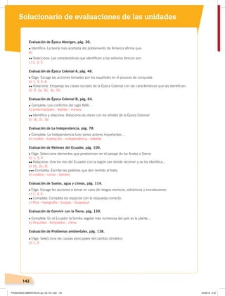 142
Solucionario de evaluaciones de las unidades
Evaluación de Época Aborigen, pág. 30.
Identiﬁca: La teoría más acertada del poblamiento de América aﬁrma que:Identiﬁca: La teoría más acertada del poblamiento de América aﬁrma que:
A)
Selecciona: Las características que identiﬁcan a los señoríos étnicos son:
c) 2, 3, 5
Evaluación de Época Colonial A, pág. 48.
Elige: Escoge las acciones tomadas por los españoles en el proceso de conquista:Elige: Escoge las acciones tomadas por los españoles en el proceso de conquista:
b) 1, 3, 5, 6
Relaciona: Empareja las clases sociales de la Época Colonial con las características que las identiﬁcan:las clases sociales de la Época Colonial con las características que las identiﬁcan:
d) 1f, 2a, 3d, 4c, 5b
Evaluación de Época Colonial B, pág. 64.
Completa: Los conﬂictos del siglo XVIII…Completa: Los conﬂictos del siglo XVIII…
b) enfermedades - textiles - minera
Identiﬁca y relaciona: Relaciona las obras con los artistas de la Época ColonialRelaciona las obras con los artistas de la Época Colonial
b) 1b, 2c, 3a
Evaluación de La Independencia, pág. 78.
l Completa: La Independencia tuvo varios actores importantes…
b) criollos - ilustración - independencia - batallas
Evaluación de Relieves del Ecuador, pág. 100.
l Elige: Selecciona elementos que predominan en el paisaje de los Andes o Sierra:
b) 1, 3, 4
Relaciona: Une los ríos del Ecuador con la región por donde recorren y se los identiﬁca...
a) 1b, 2a, 3c
Completa: Escribe las palabras que den sentido al texto.
b) costera - cacao - banano
Evaluación de Suelos, agua y climas, pág. 114.
l Elige: Escoge las acciones a tomar en caso de riesgos sísmicos, volcánicos o inundaciones:
c) 1, 3, 6
Completa: Completa los espacios con la respuesta correcta:
c) Ríos - topografía - Guayas - Guayaquil
Evaluación de Convivir con la Tierra, pág. 130.
l Completa: En el Ecuador la familia vegetal más numerosa del país es la planta…
a) Orquídea - templados - clima
Evaluación de Problemas ambientales, pág. 138.
l Elige: Selecciona las causas principales del cambio climático:
b) 1, 3
PROBLEMAS AMBIENTALES; pp.132-144 .indd 142 05/06/18 8:45
 