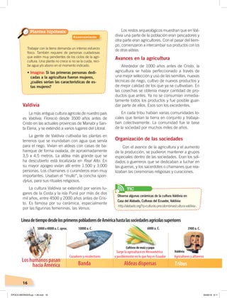 16
Valdivia
La más antigua cultura agrícola de nuestro país
es Valdivia. Floreció desde 3500 años antes de
Cristo en las actuales provincias de Manabí y San-
ta Elena, y se extendió a varios lugares del Litoral.
La gente de Valdivia cultivaba las plantas en
terrenos que se inundaban con agua que servía
para el riego. Vivían en aldeas con casas de ba-
hareque de forma ovalada, de aproximadamente
3,5 x 4,5 metros. La aldea más grande que se
ha descubierto está localizada en Real Alto. En
su mayor apogeo vivían allí entre 1.500 y 3.000
personas. Los chamanes o curanderos eran muy
importantes. Usaban el “mullo”, la concha spon-
dylus, para sus rituales religiosos.
La cultura Valdivia se extendió por varios lu-
gares de la Costa y la isla Puná por más de dos
mil años, entre 4500 y 2000 años antes de Cris-
to. Es famosa por su cerámica, especialmente
por las figurinas femeninas, las Venus.
Los restos arqueológicos muestran que en Val-
divia una parte de la población eran pescadores y
otra parte eran agricultores. Con el pasar del tiem-
po, comenzaron a intercambiar sus productos con los
de otras aldeas.
Avances en la agricultura
Alrededor de 1000 años antes de Cristo, la
agricultura se había perfeccionado a través de
una mejor selección y uso de las semillas, nuevas
técnicas de riego, cultivo de nuevos productos y
de mejor calidad de los que ya se cultivaban. En
las cosechas se obtenía mayor cantidad de pro-
ductos que antes. Ya no se consumían inmedia-
tamente todos los productos y fue posible guar-
dar parte de ellos. Esos son los excedentes.
En cada tribu habían varias comunidades lo-
cales que tenían la tierra en conjunto y trabaja-
ban colectivamente. La comunidad fue la base
de la sociedad por muchos miles de años.
Organización de las sociedades
Con el avance de la agricultura y el aumento
de la producción, se pudieron mantener a grupos
especiales dentro de las sociedades. Eran los sol-
dados o guerreros que se dedicaban a luchar en
las guerras, y los sacerdotes o chamanes que rea-
lizaban las ceremonias religiosas y curaciones.
Trabajar con la tierra demanda un intenso esfuerzo
físico. También requiere de personas cuidadosas
que estén muy pendientes de los ciclos de la agri-
cultura. Una planta no crece si no se la cuida, reci-
be agua y/o abono en el momento indicado.
•	Imagina: Si las primeras personas dedi-
cadas a la agricultura fueron mujeres,
¿cuáles serían las características de es-
tas mujeres?
Plantea hipótesis
Cazadores y recolectores
50000a40000a.C.aprox. 10000 a. C. 6000 a. C. 3900 a. C.
Banda Aldeas dispersas
Surge la agricultura en Mesoamérica
y posiblemente en lo que hoy es Ecuador
Los humanos pasan
hacia América
Agricultores y alfareros
Tribus
Valdivia
Cultivos de maíz y papa
LíneadetiempodesdelosprimerospobladoresdeAméricahastalassociedadesagrícolassuperiores
Observa algunas cerámicas de la cultura Valdivia en:
Casa del Alabado, Culturas del Ecuador, Valdivia:
‹http://alabado.org/?q=culturas-precolombinas/cultura-valdivia›.
TIC
Razonamiento
ÉPOCA ABORIGEN;pp. 1-28.indd 16 05/06/18 8:11
 
